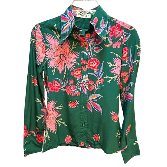 Franck Olivier Paris 1970s Silk Blouse French Size 40 Green Floral Dagger Collar - Picture 1 of 11